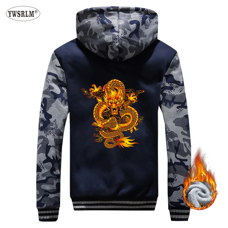 YWSRLM Winter Warm Men 2018 Sportswear Thicken Chinese Dragon print Hoodie Sweatshirt Zipper Man