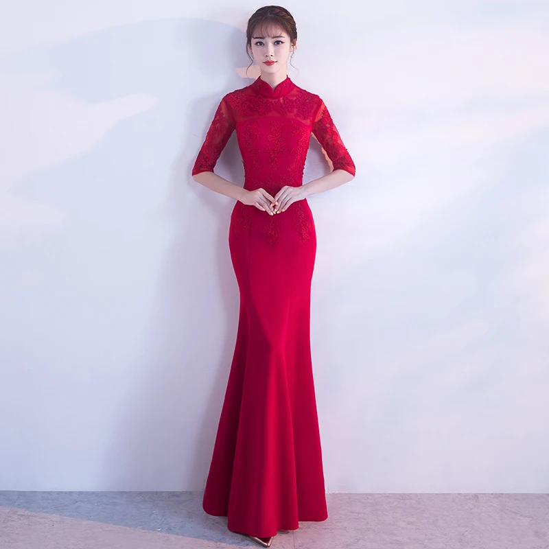 Модное красное китайское вечернее платье с русалочкой для невесты, длинное сексуальное китайское традиционное свадебное платье, женское платье Ципао - Цвет: Wine red sleeve