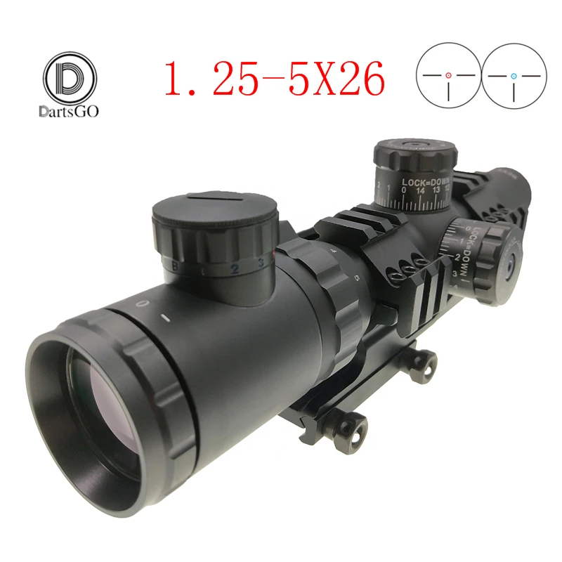 

DDartsGO 1.25-5x26 Hunting Riflescope Three Pin Reticle Level Red/Blue Illuminated Military Tactical Mount Rifle scope