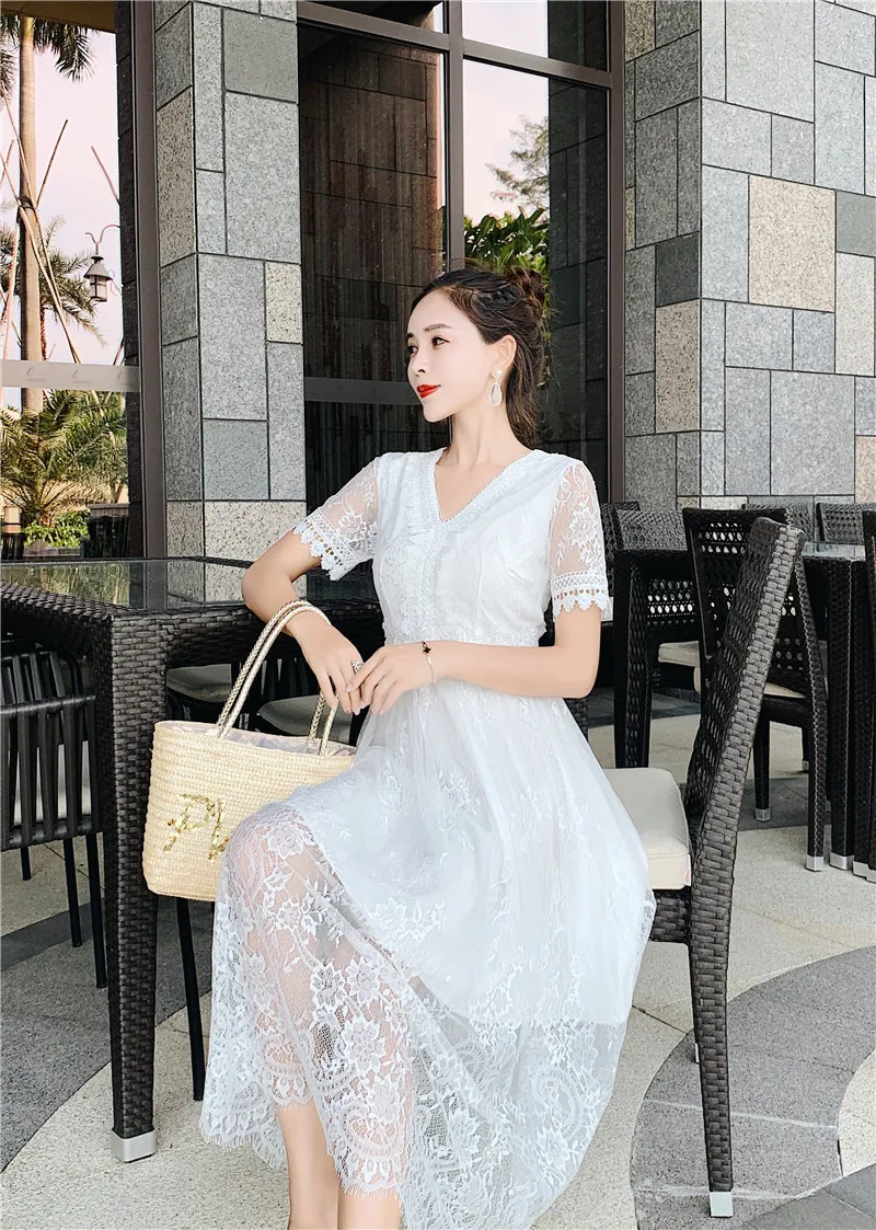 Women's Summer Sundress Elegant V Neck Lace Long Dress Women Short Sleeve Hollow Out Holiday White Beach Dresses Vestidos