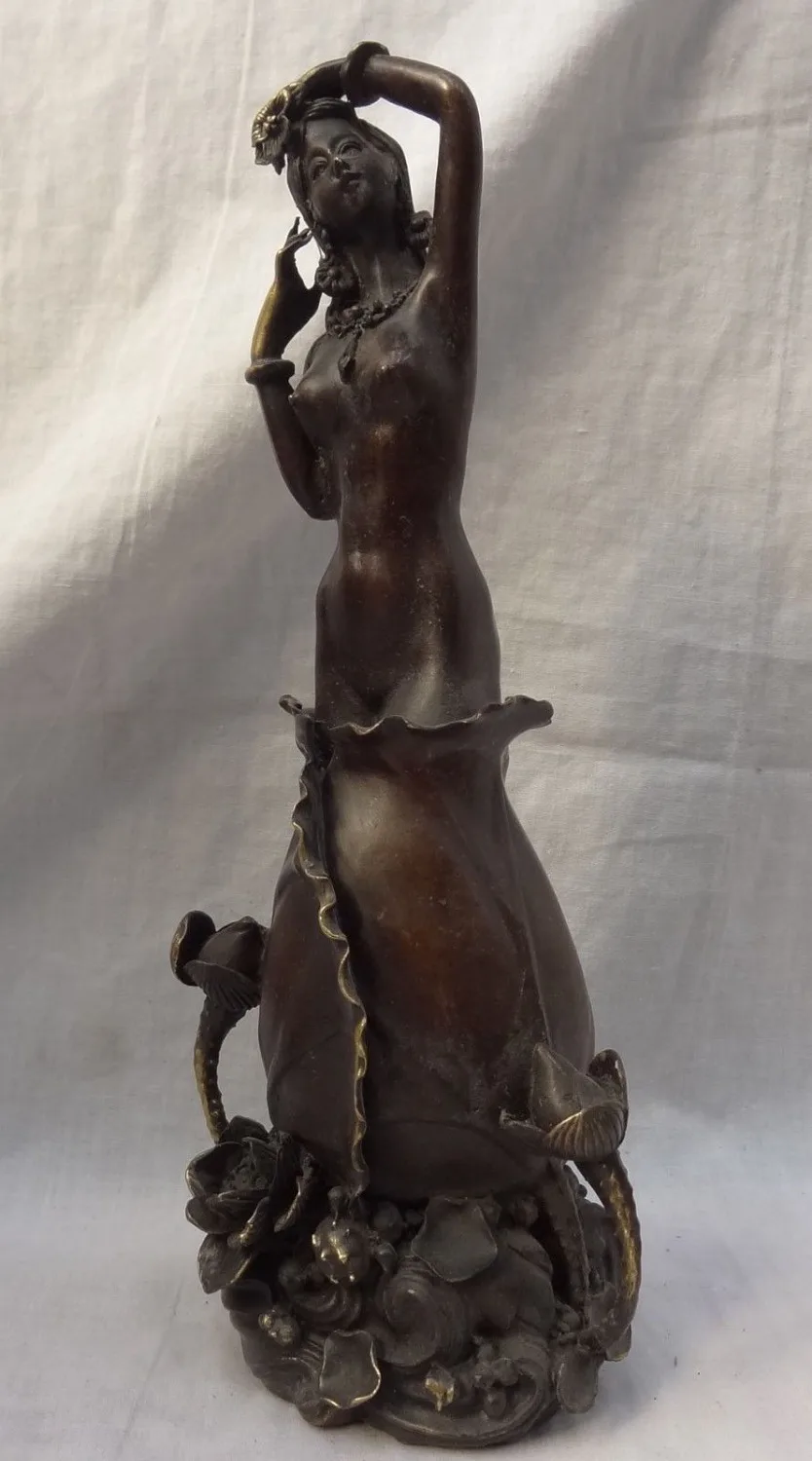 

10" Chinese Bronze Gilt Flower Lotus Leaf Standing Fairy Belle Pot Brass Statue