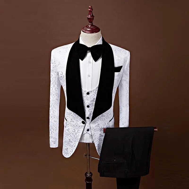 Белый обычный жених смокинг однобортный костюм жениха+ жилет+ брюки+ галстук для свадьбы/Вечеринки - Цвет: Бежевый