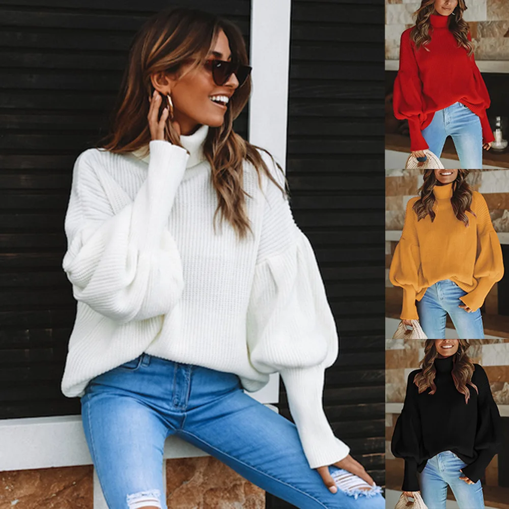 

Casual Knitted Sweater Women Solid Turtleneck Long Sleeve Pullovers Autumn Winter Sweater Ladies2019 Fashion Knitted Sweaters