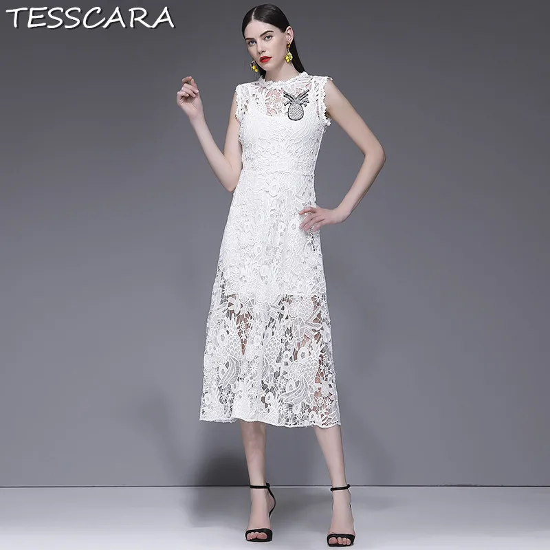 

TESSCARA Women Summer Long White Lace Dress Female Wedding Party Robe Femme Vintage Designer High Quality Office Lady Vestidos
