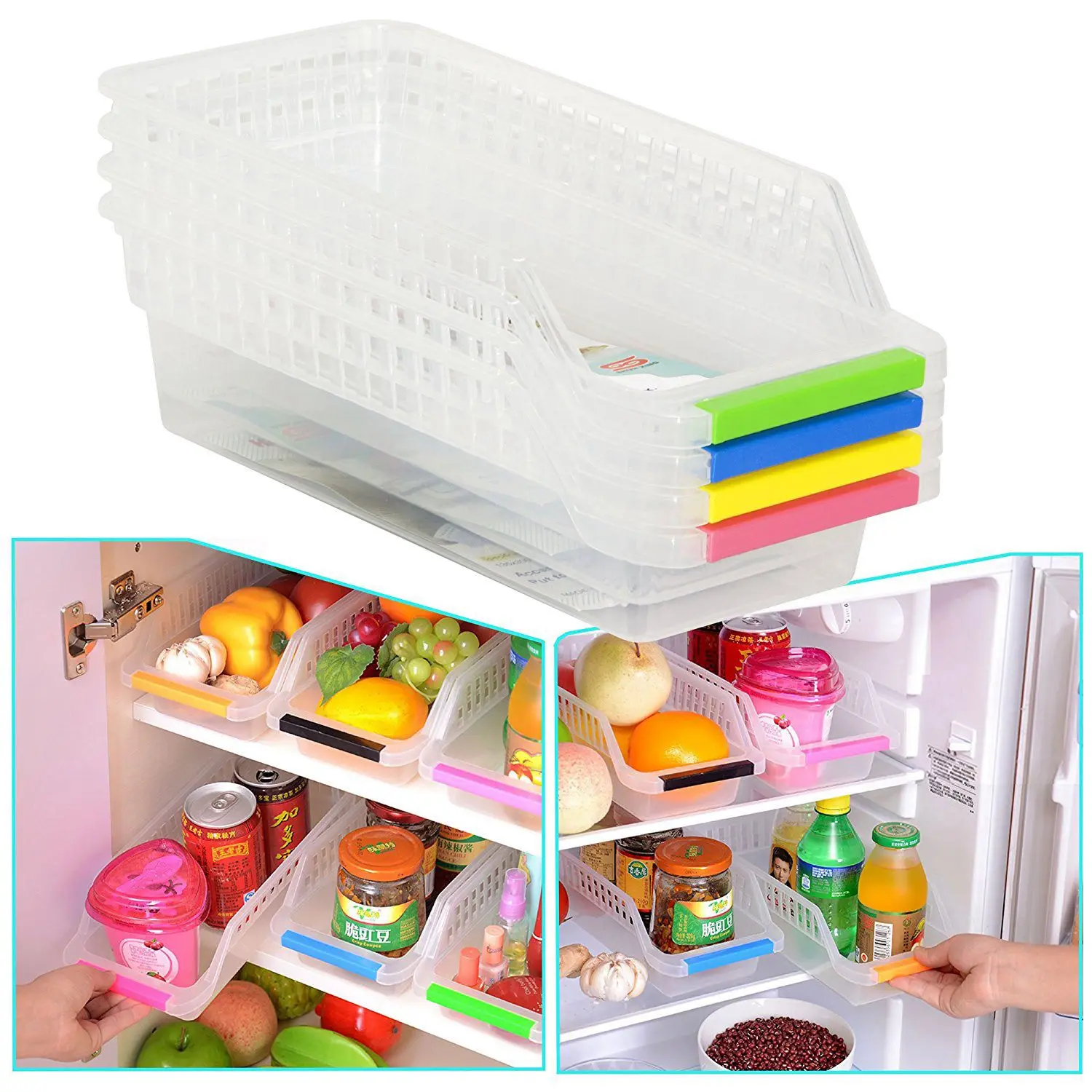 

EASY-Refrigerator Durable Storage Organizer Fruit Handled Kitchen Collecting Box Basket Rack Stand Basket Container (4Pcs)