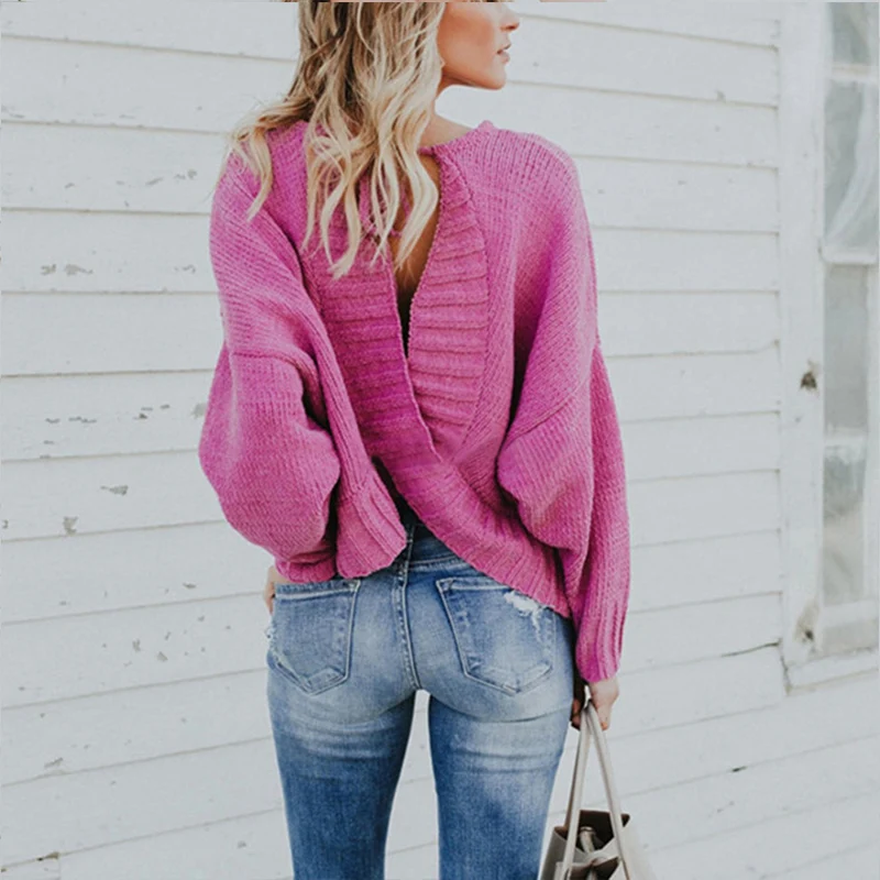 

2019 Spring Women Casual Sweaters Plus Size Sexy Open back Lace Up O-neck Pullover Jumper Knitted Clothes pull femme hiver Z176