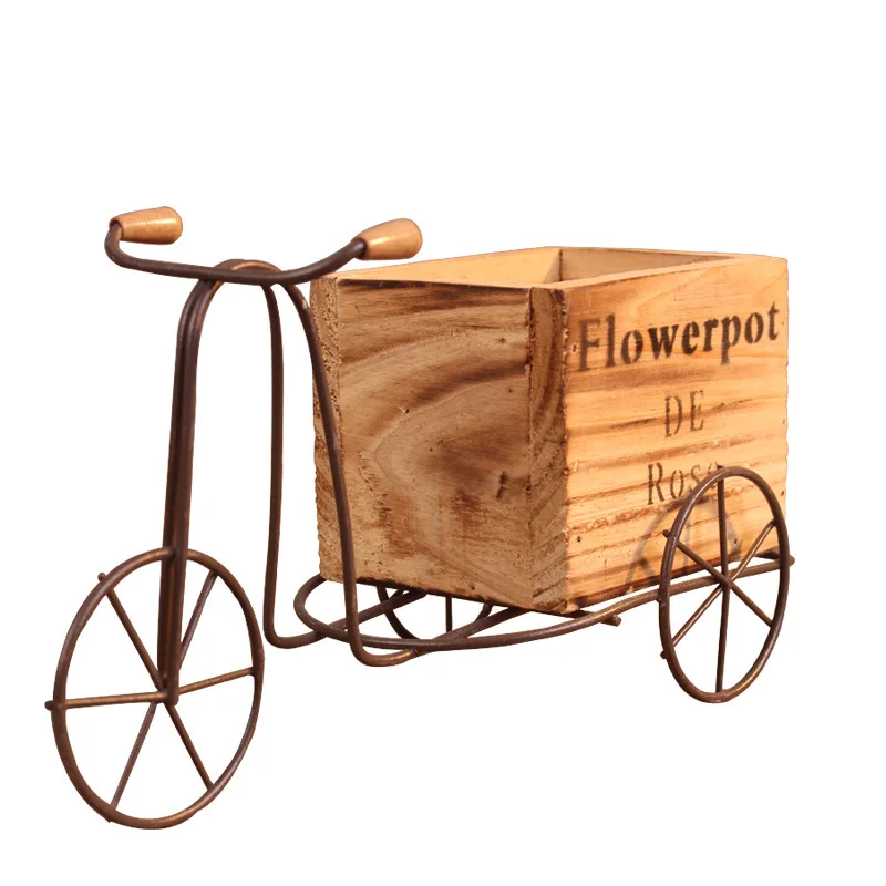 

Wooden Tricycle Model Flower Pot Wrought Iron Bicycle Flower Stand Indoor Storage Rack Home Garden Desktop Decor Crafts Gifts