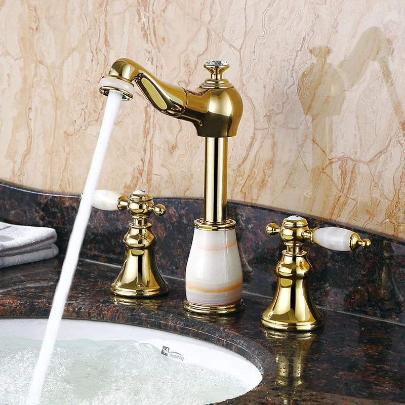 

European golden jade three-piece smoked pull out basin faucet of cold and hot mixer bath lift triple tap basin faucets