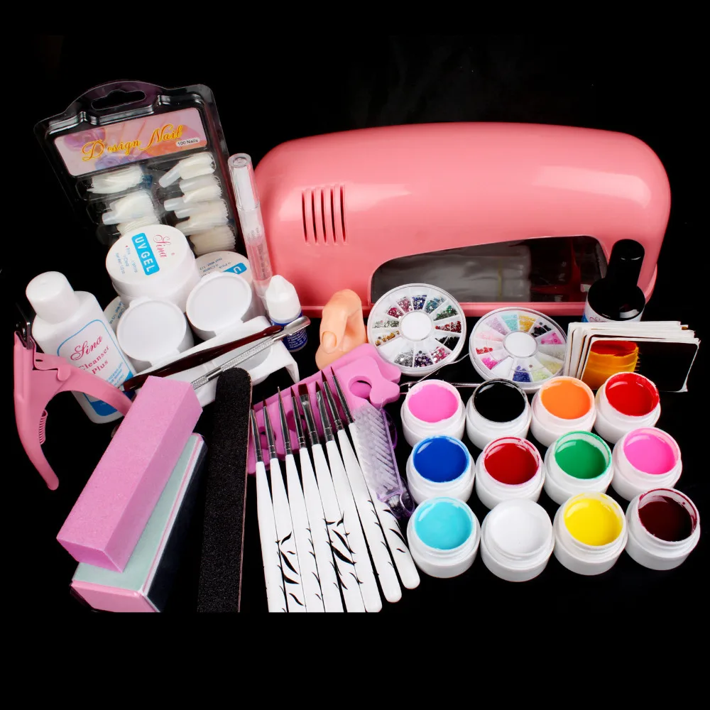 Hot Pro 9W UV GEL růžová lampa a 12 barevných UV gelových nehtů sady nástrojů Soupravy # 34set