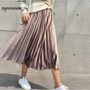 Danjeaner printemps 2019 femmes longue métallique argent Maxi jupe plissée Midi jupe taille haute Elascity décontracté fête jupe Vintage
