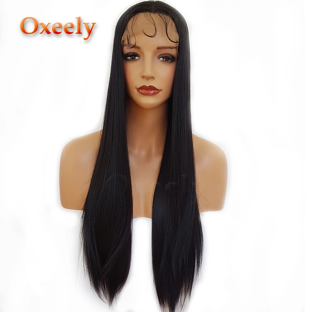 Oxeely Silky Stright Hair Lace Front Wig Long Black Glueless Synthetic