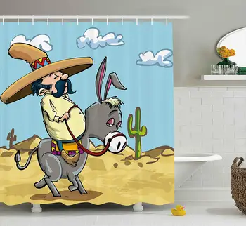 

Cartoon Shower Curtain Mexican Man Wearing Sombrero Hat Riding a Donkey in Desert Cactus Plants Bathroom Set