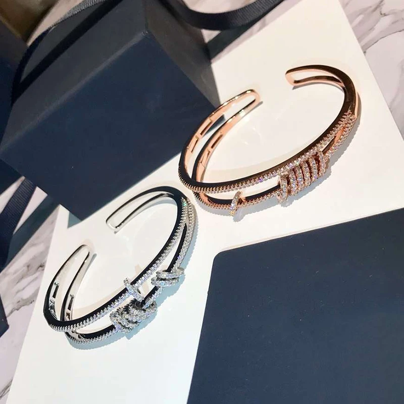 

Brand Pure 925 Sterling Silver Jewelry For Women Rose Gold Full Stone Round Bangle Circle Bracelet Wedding Party Silver Jewelry