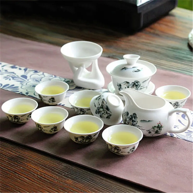 Gong fu cha tea set ceramic fung fu cup teapot gaiwan infuser serving tray porcelain tea cup