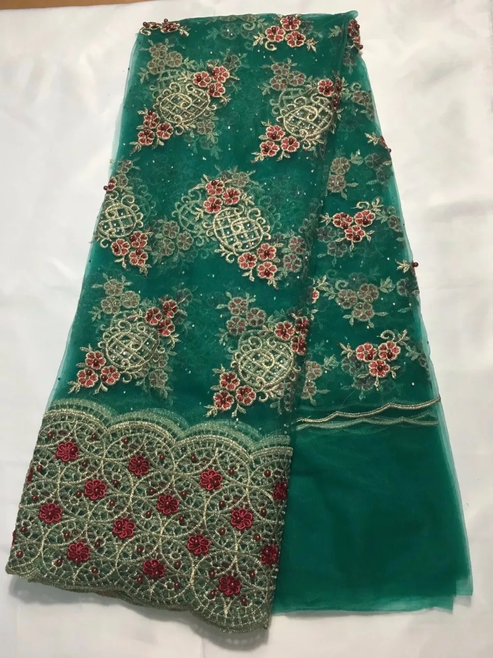 

Latest Popular Designs beaded Fabric 5 Yards African Lace Fabric High Quality indian silk George lace fabric green pink