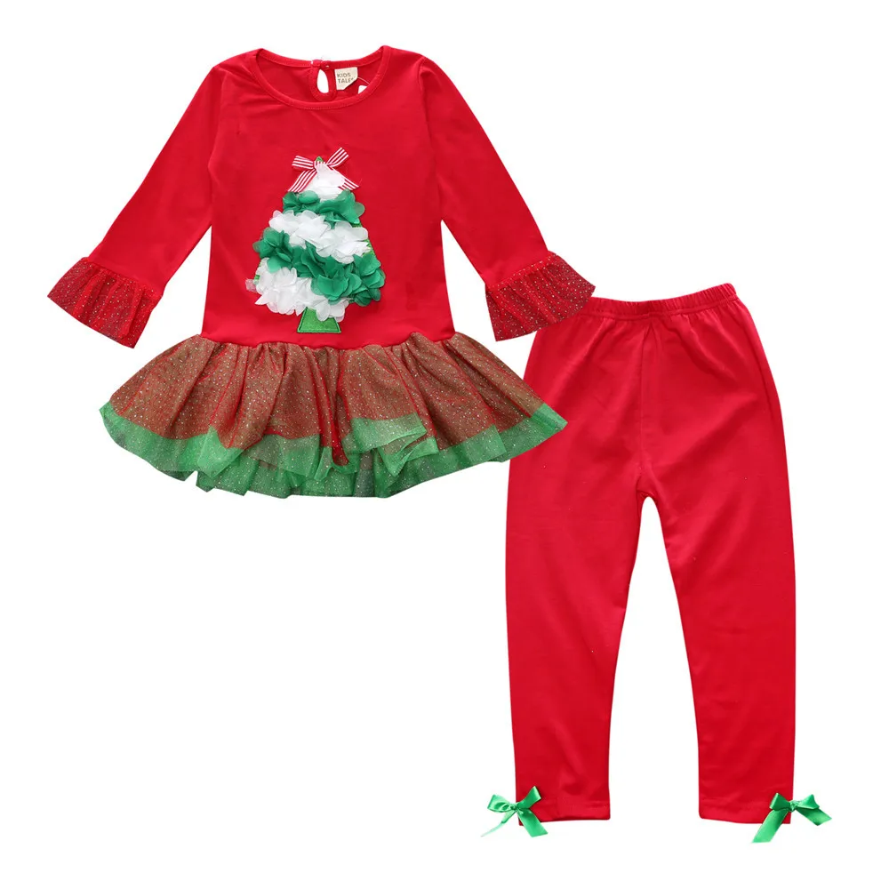 Christmas Dress Set For Girls Long Sleeve Princess Ruffle Dresses + Pants Cute Outfit Kids Clothes Costumes | Детская одежда и