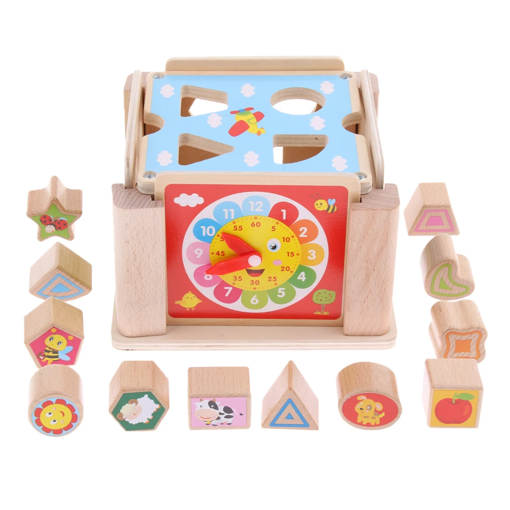 Wooden Shape Sorting Box - Baby Geometric Building Block & Teaching Clock Toys Early Geometric Shapes Cognitive Learning