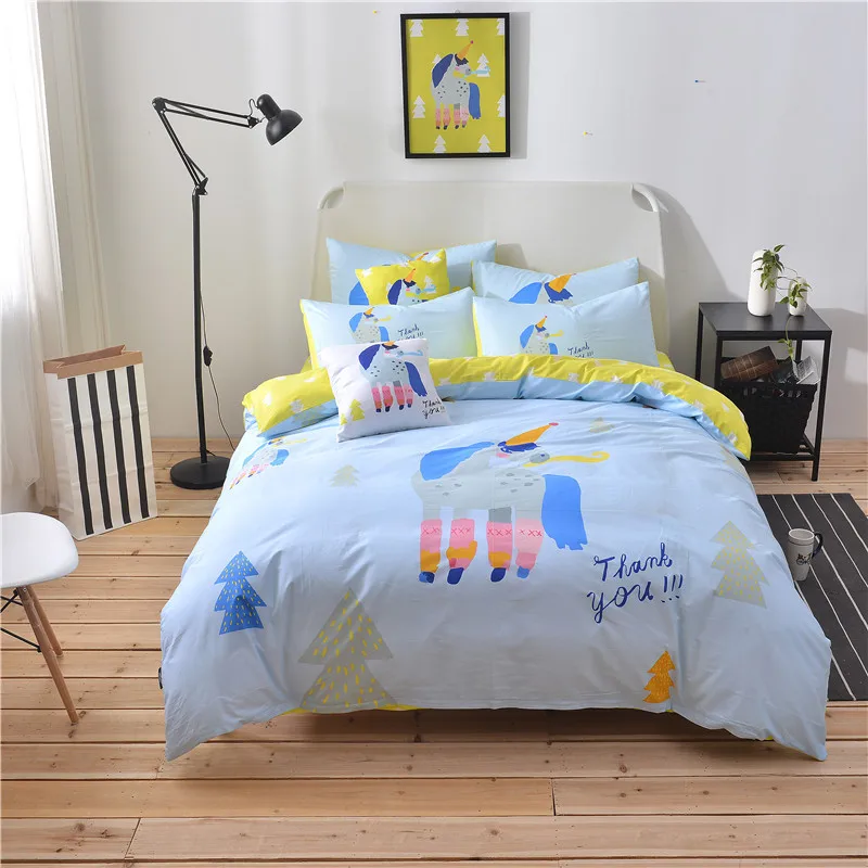 

Light Blue Cartoon Birthday Party Pattern Bedding Set Cartoon Bed Duvet Cover For Kids Girls 4Pcs Bedspreads Pillowcase Bed Set