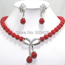 32012> Красивые ювелирные изделия 10 мм красная раковина жемчужное ожерелье инкрустированные Кристальные серьги набор