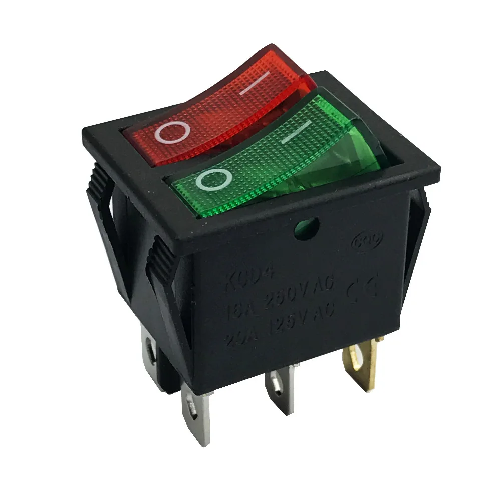 KCD4 16A 250V AC 20A 125V AC DUAL rocker switch red+green 6 Pin On/Off