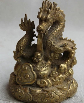 

ymying 1031+++++6" Chinese Brass Zodiac Play Bead Year Dragon Ru Yi Treasure Bowl Wealth Statue