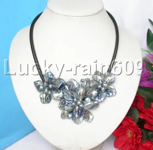 

FREE shipping>>>>baroque handcraft bloom blue seashell pearls choker leather necklace e1268