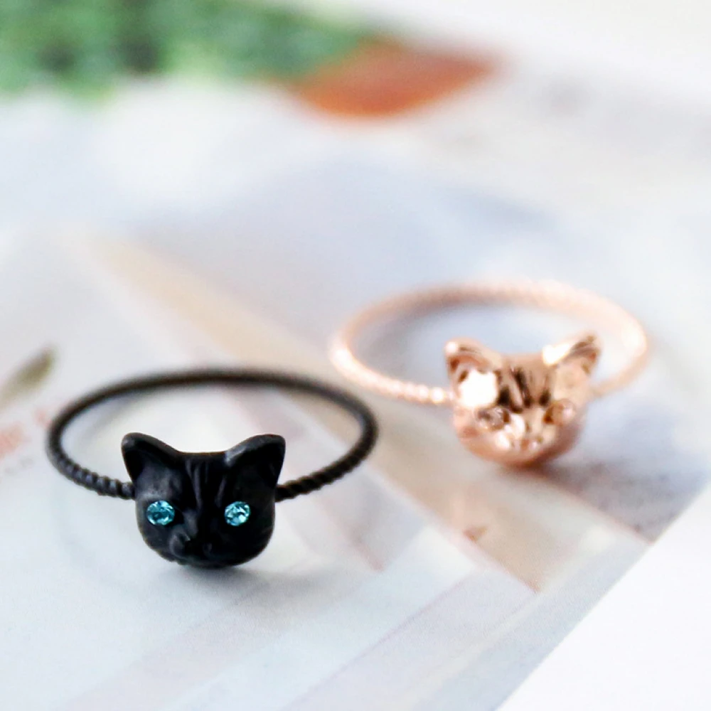 

P0008 Black Cat Blue Eyes Animal Cat Ring Ring Open Adjustable Ring