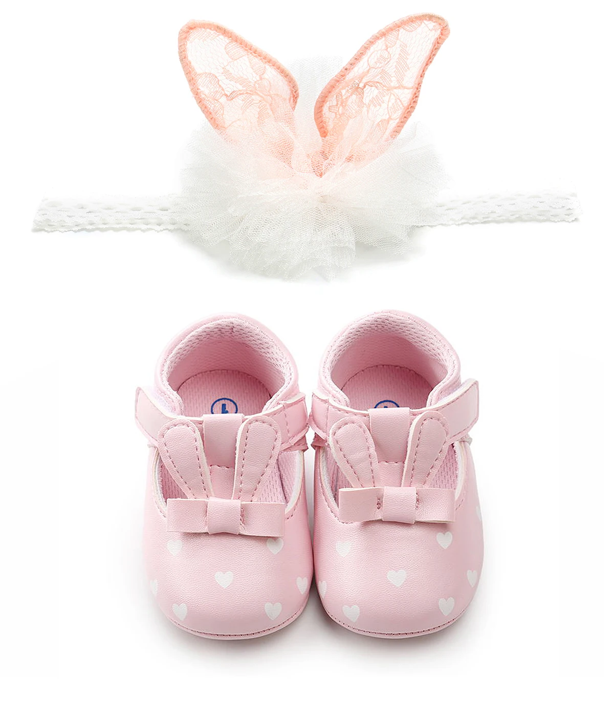Новорожденных принцесс первые ходунки для маленьких девочек ободок с заячьими ушами+ обувь комплект из 2 предметов милые противоскользящие кожаные кроватки мягкая подошва детские кроссовки