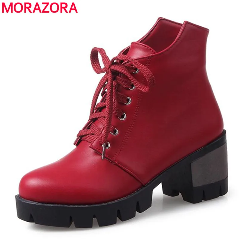 

MORAZORA College style 2020 spring autumn ankle boots women shoes lace-up high heels boots large size 34-43 platform boots