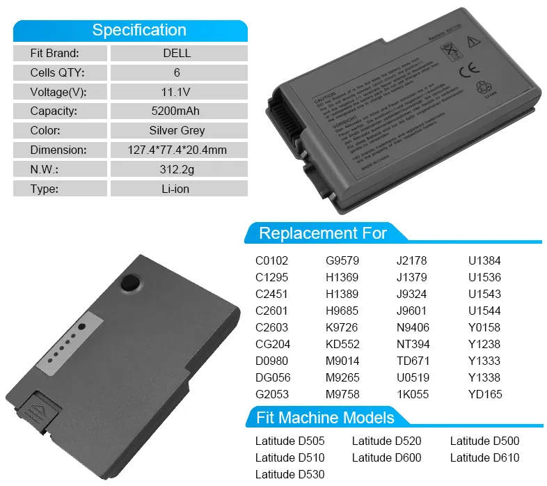 5200 мАч Аккумулятор для dell Latitude D520 D500 D510 C2601 C2603 DG056 G2053 H9685 U1384 U1536 KD552 M9014 J2178 J1379