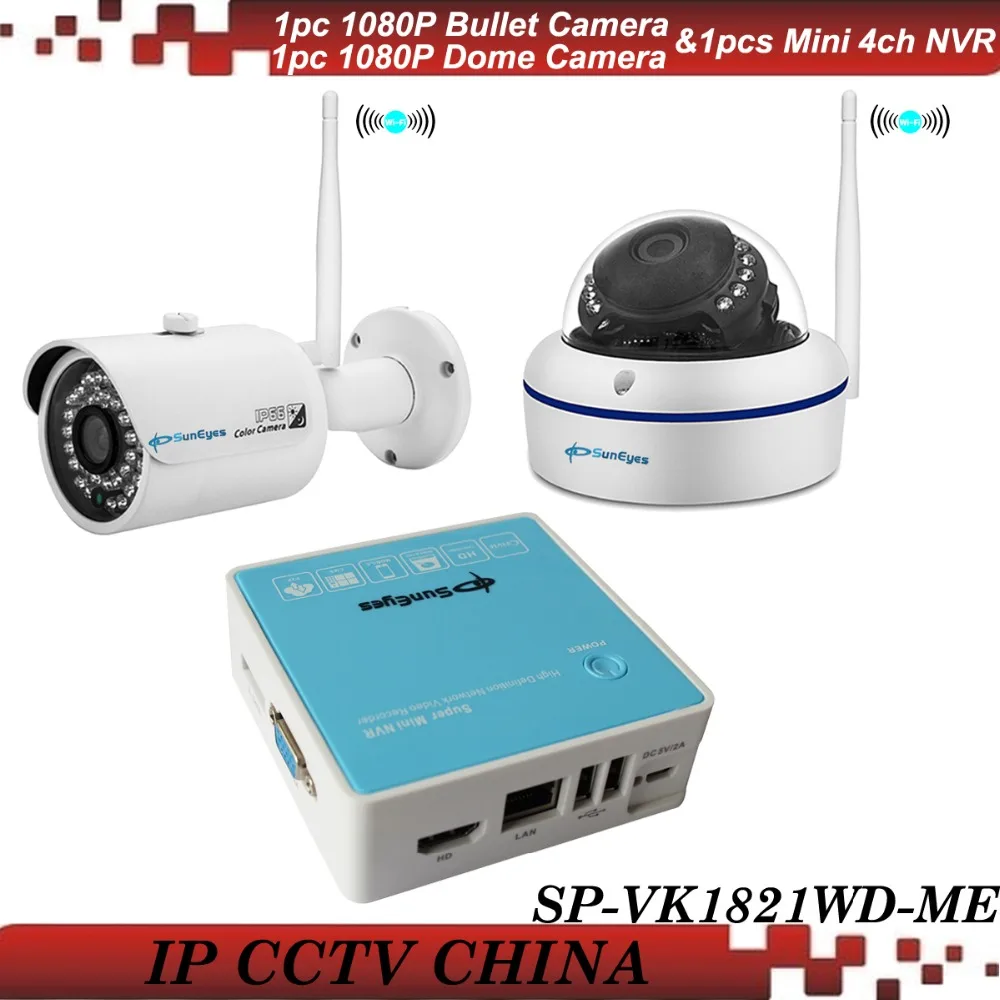 

SunEyes SP-VK1821WD-ME 2CH Mini IP CCTV Camera Kit with one pcs Wireless Dome and one pcs Bullet IP Camera Outdoor 1080P HD P2P