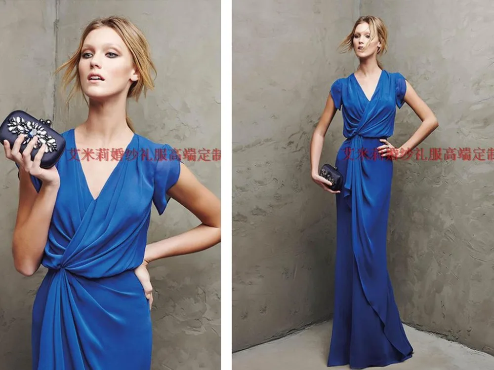 

new arrival sleeves Formal Evening gown 2015 hot sexy v-neck sheath blue chiffon long party evening Dress elegant vestidos