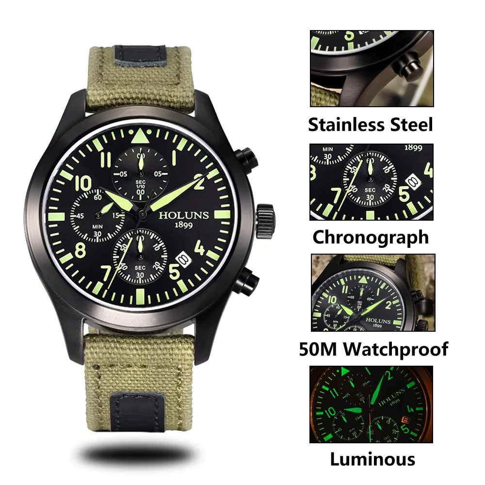 Мужские часы пилота, холщовые кварцевые часы Relogio Masculino, зеленые военные спортивные часы с хронографом, светящиеся армейские роскошные часы Reloj Hombre Saat