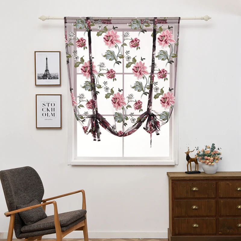 

Flower Printed Tulle Window Curtain Kitchen Short Curtain for Living Room Door Sheer Curtain Drape Panel Screen Voile Curtain