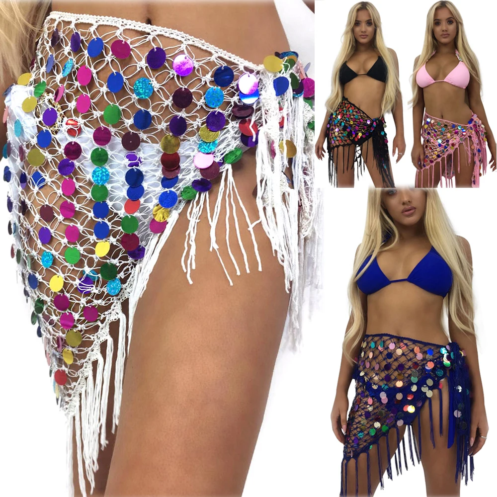 Стиль, модное пляжное Бикини Cover up пайетки юбка Пляжная короткое, обтягивающее, отделанные бахромой мини-юбка