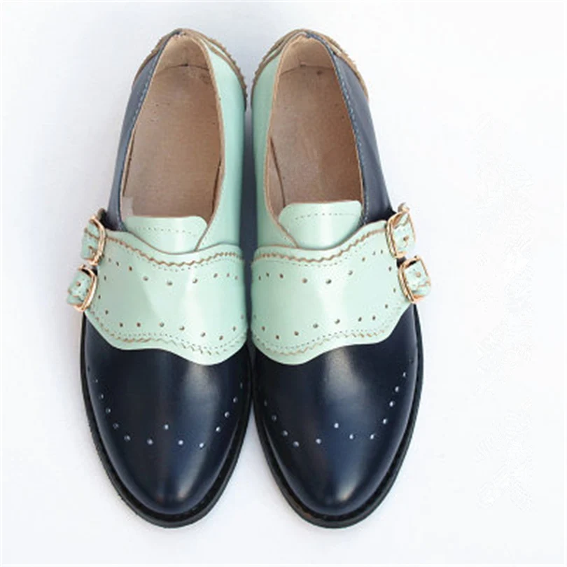 Женские дизайнерские винтажные туфли на плоской подошве из коровьей кожи; большие американские размеры 9; женские оксфорды ручной работы с круглым носком; цвет черный, белый; на меху - Цвет: blue sky blue