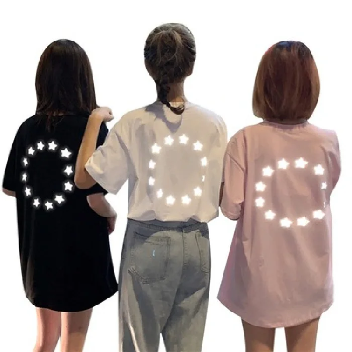 

2019 Summer Women Reflect Light T-Shirt Casual Print T-Shirt Femme Korean Style Loose T- Shirt Fashion Short Sleeve Tops