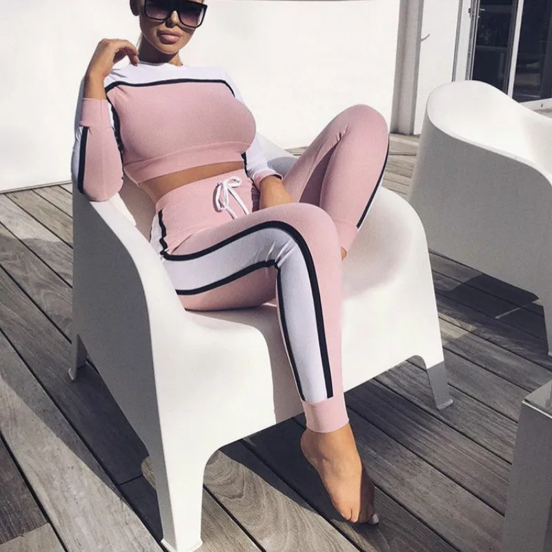 

2018 Two Piece Set Autumn Winter Women's Set Fashion Cool Streetwear Striped Sweater and Long Pants Silm Sexy Tracksuits