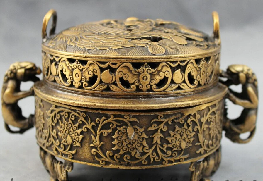 

JP S0114 Tibet Bronze Buddhism Dragon Phoenix Statue Box Flower Incense Burner Censer