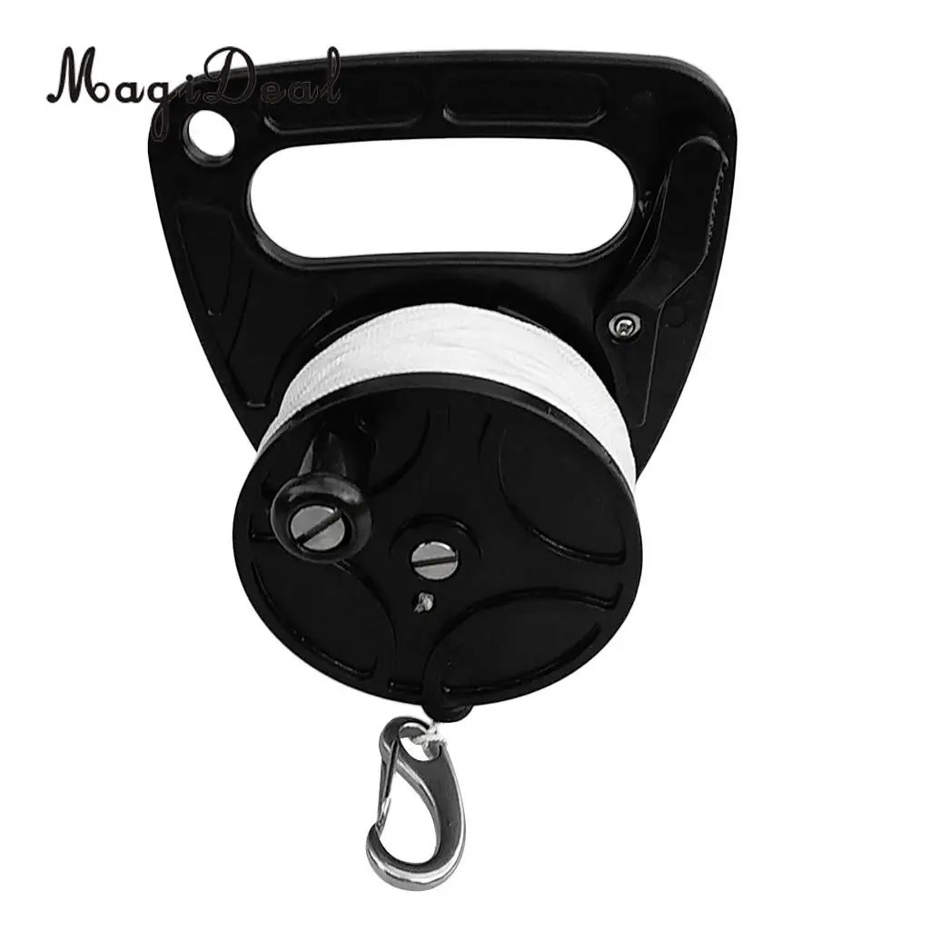 Black Plastic Dive Reel & Handle, Thumb Stopper, 150ft Line, Clip Hook for Scuba Diving Diver Snorkeling