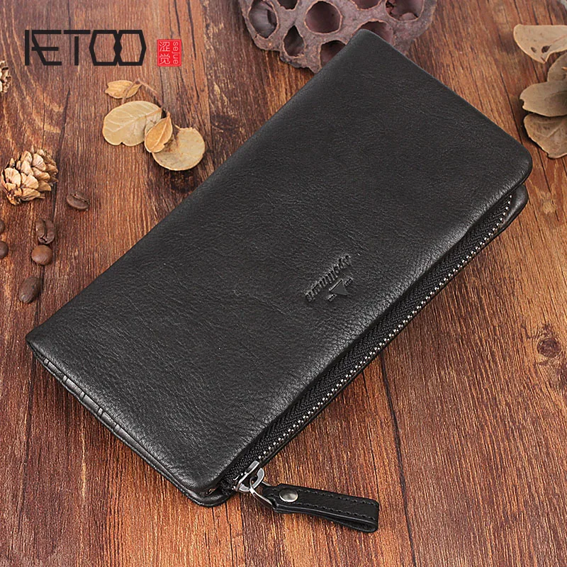 

AETOO Original design retro leather long wallet leather multi-card bit wallet removable coin pocket buckle