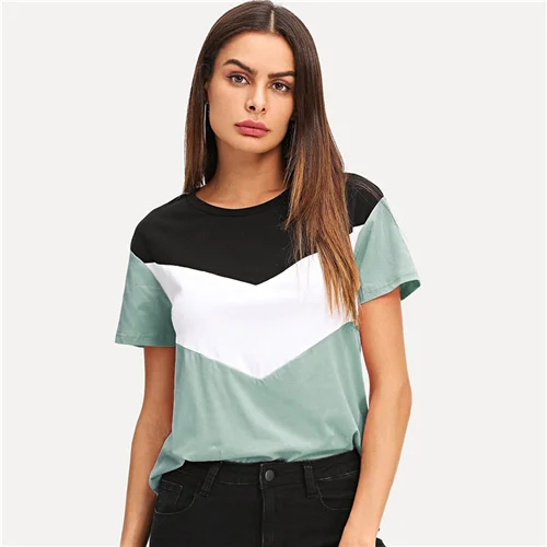 SweatyRocks Cut and Sew Tee многоцветный короткий рукав круглый вырез пэчворк повседневные топы женские летние Athleisure футболка с цветными деталями - Цвет: Мятный