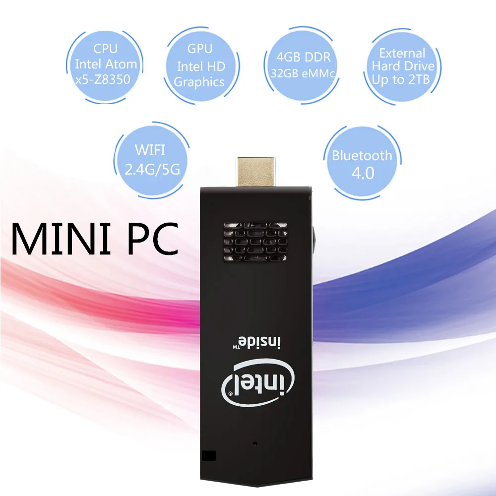 T5 Mini PC Computer Windows 10 licenced 4GB RAM 64GB Intel Atom Z8350 Quad Core WiFi2.4G&5G 4K Bluetooth 4.0 HDMI HTPC USB Stick