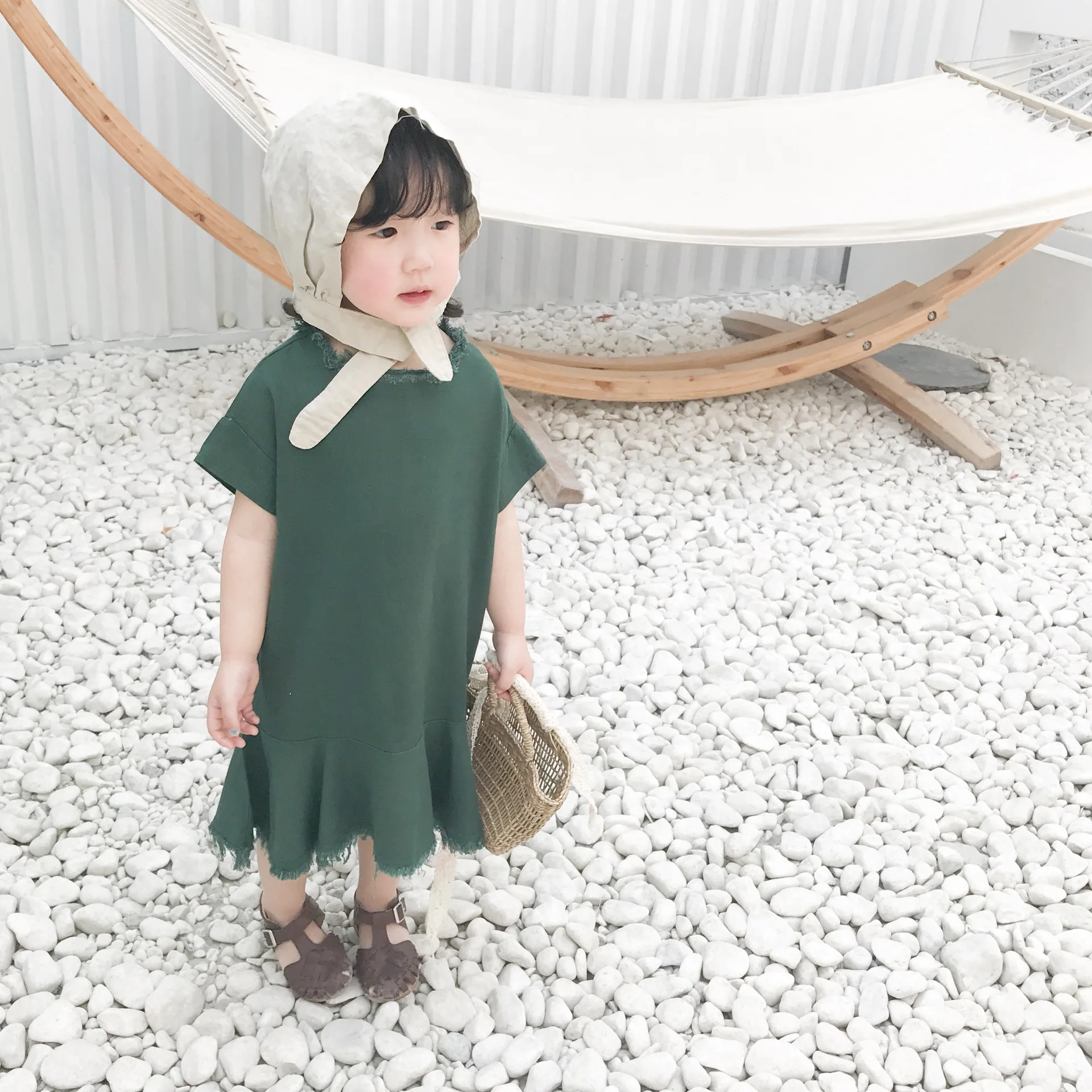 

New Girls Summer Dress Children Baby Pure Color Cotton Cloth Toddler Kids Short Sleeve Fishtail Solid Color Retro Princess Dress