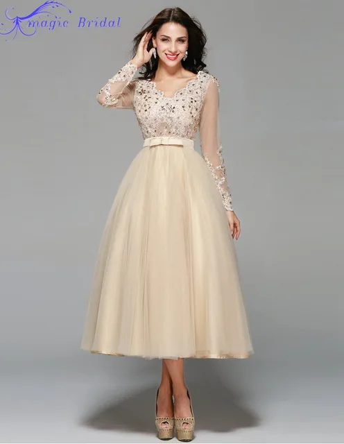 Long Sleeve Wedding Dresses Tea Length Dresses