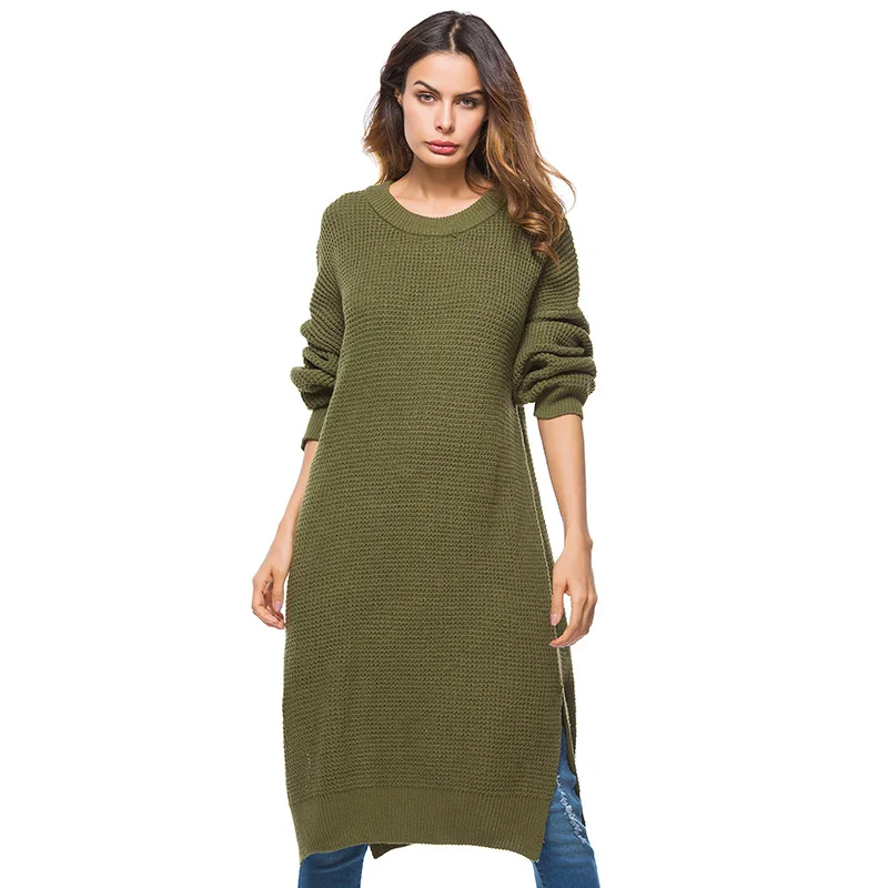 

2018 Fashion Women Clothing Long Loose Sweaters Dresses Large Size Soft Elastic Pullovers Dress Ladies Hem Open Fork Knitted Swe
