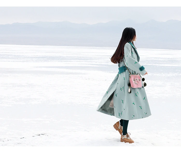Дизайн, осень и зима, Новое поступление, Вышитое птицей пальто, Свободное длинное винтажное шерстяное пальто для женщин
