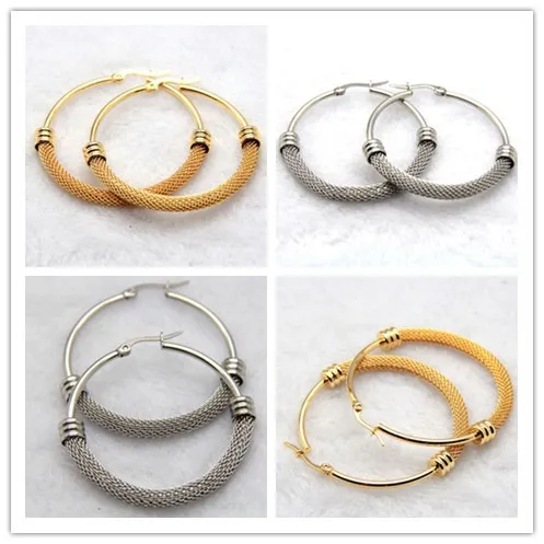 

Silver/Gold 26/38/42/48mm Inner Women Fashion Stainless Steel Jewelr Mesh Wives Round Fancy Hoop Earrings