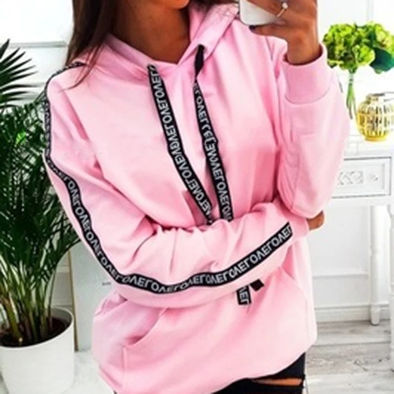 

Patchwork Hoodies Women Harajuku Letters Webbing Hooded Sweatshirt Spring Autumn Pullover Hoodie Tracksuits For Femme