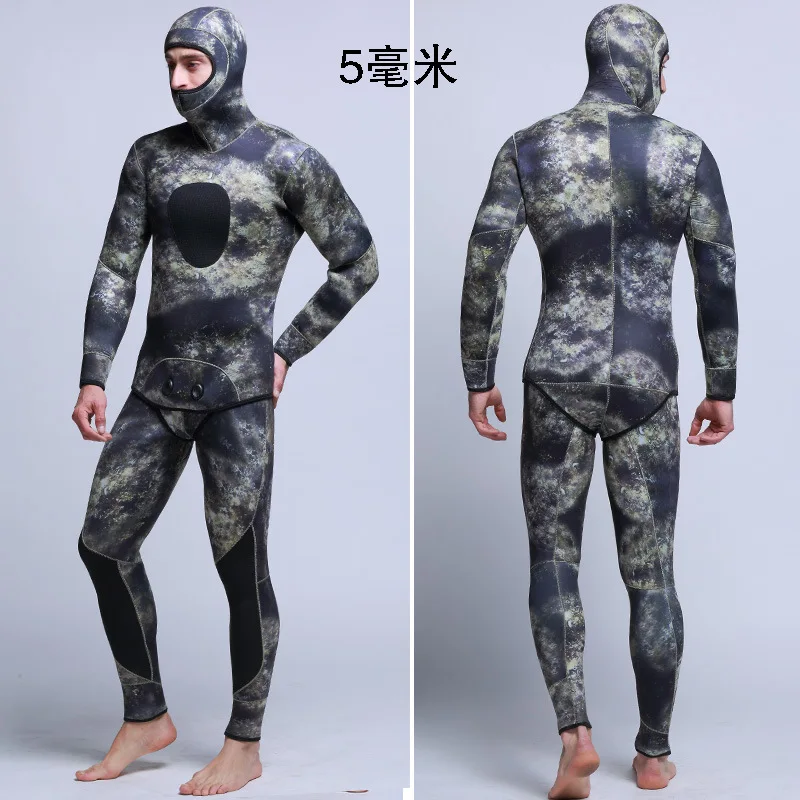 5 мм неопреновый костюм для подводной охоты, гидрокостюм для мужчин, костюм для рыбалки, костюм для дайвинга, камуфляжный с жилетом для дайвинга, Открытый капюшон, два предмета Гидрокостюма